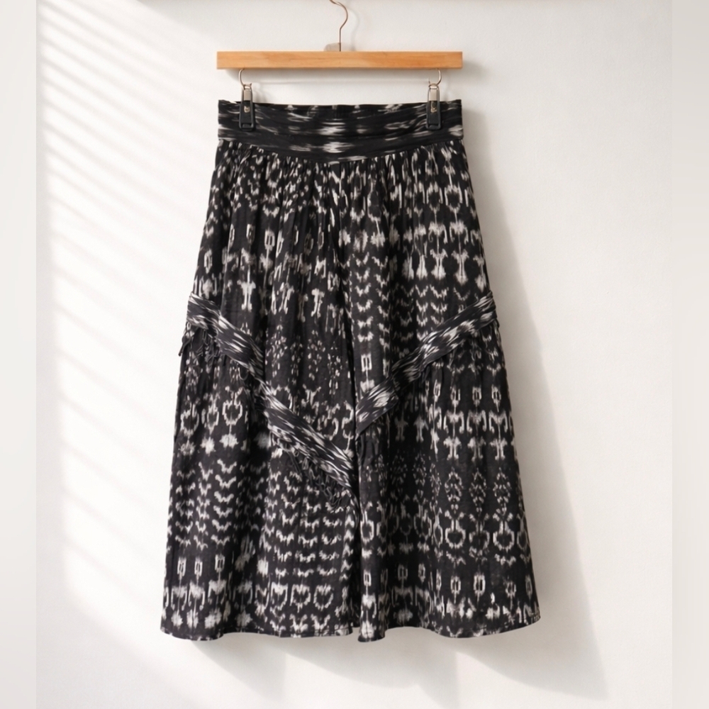 Black & White Woven Ikat Cotton Midi Skirt w Fringe & Pockets Artisan Boho Small